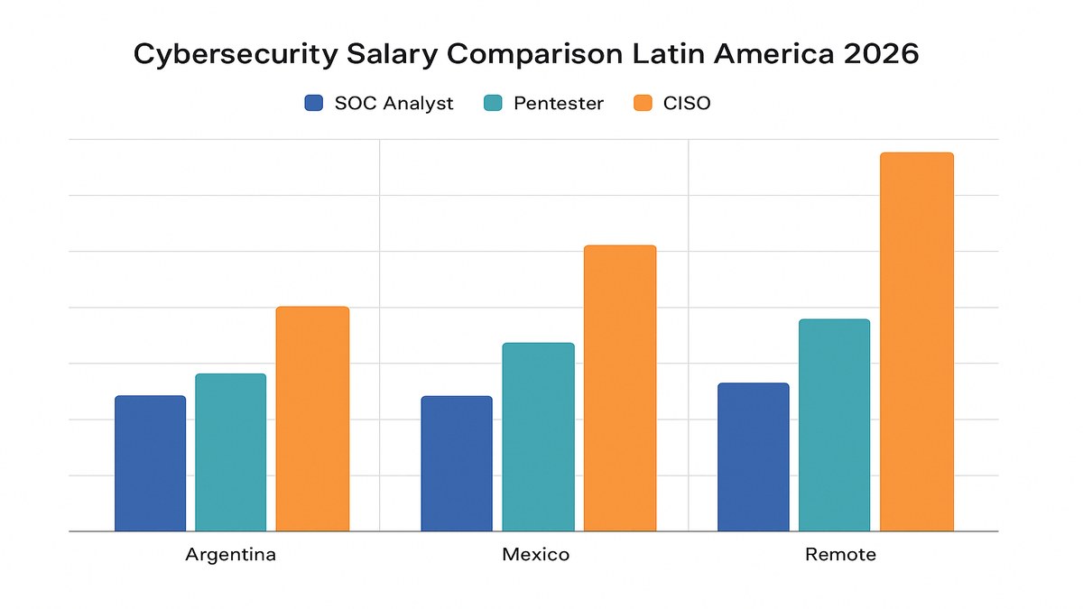 Gráfico comparativo de salarios de especialistas en ciberseguridad en América Latina por rol y nivel de seniority en Argentina, México y Colombia