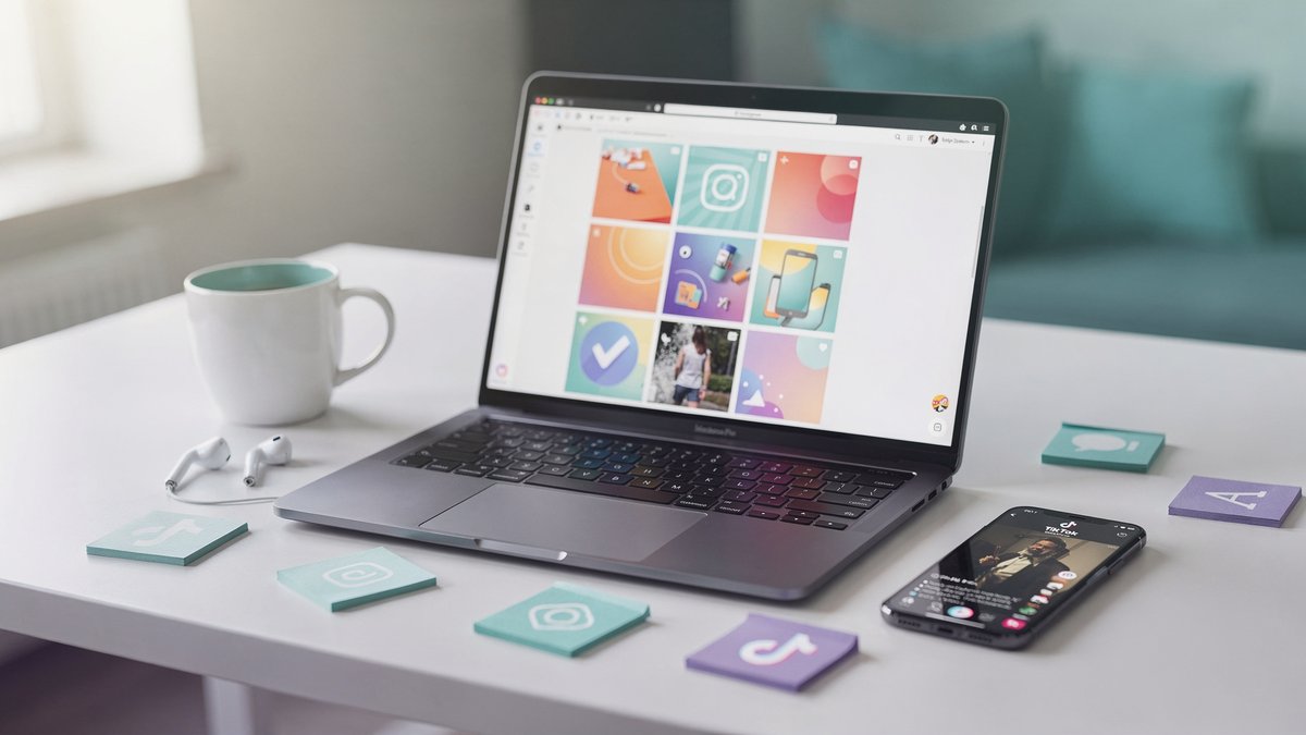 Community Manager profesional trabajando en laptop con Instagram, redes sociales y herramientas digitales