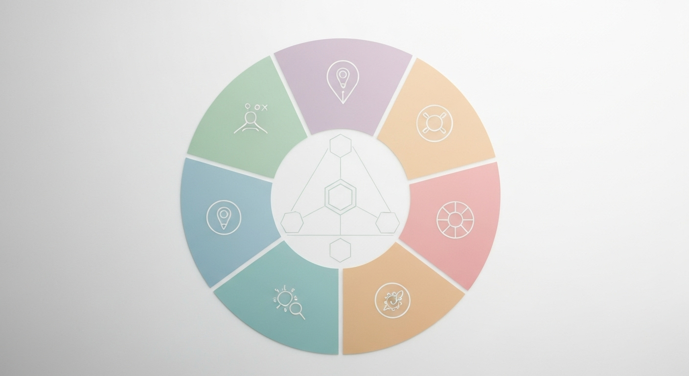 Eneagram personality diagram depicting nine interconnected types with symbolic icons and pastel colors.
