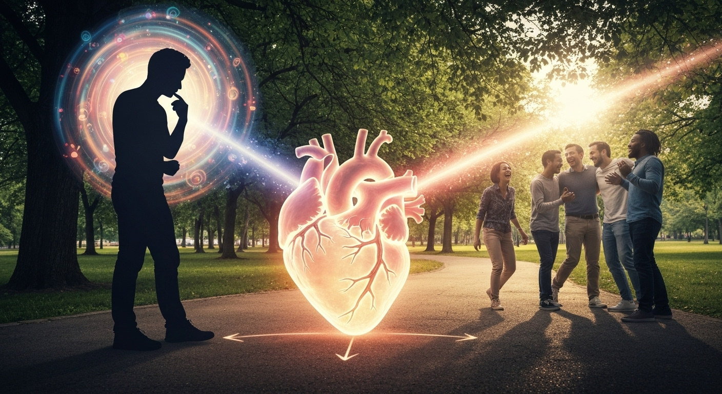 Heart acts as bridge between inner self (thoughtful figure) and external relationships (diverse group).