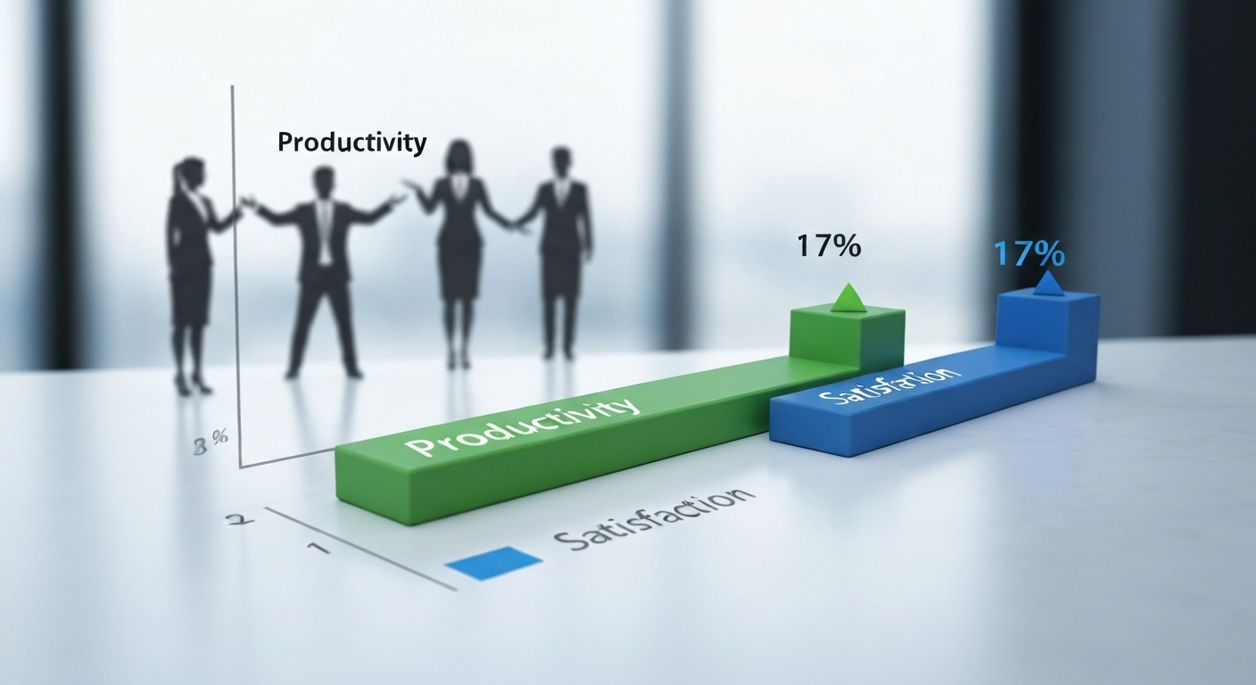 Bar graph showing a 23% increase in productivity and 17% increase in satisfaction.