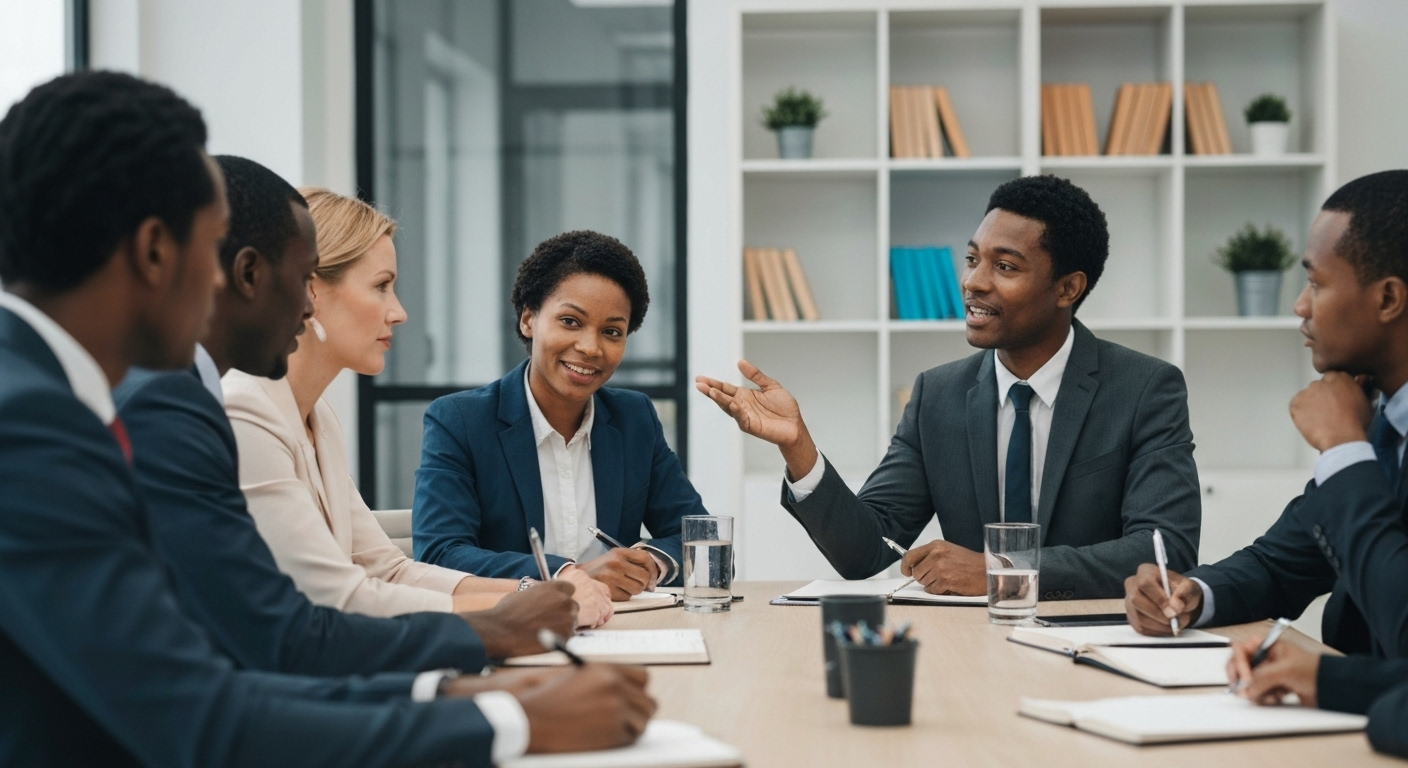 Business team collaborating in a modern office, discussing personality types and professional coaching.