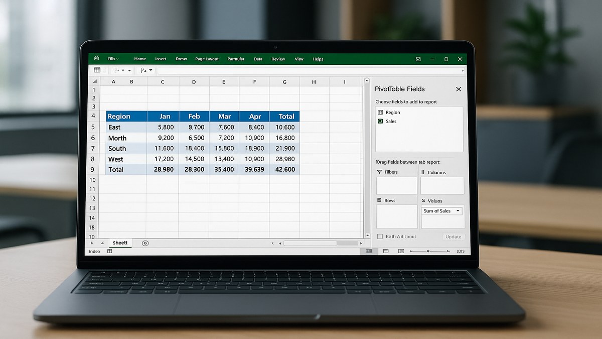 Pantalla de Excel mostrando una tabla dinámica con datos de ventas por región y mes, panel de campos a la derecha y gráfico dinámico integrado