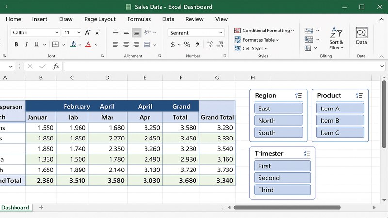 Dashboard de Excel con tabla dinámica de ventas por vendedor y mes, con tres botones de segmentación para filtrar por región, producto y trimestre