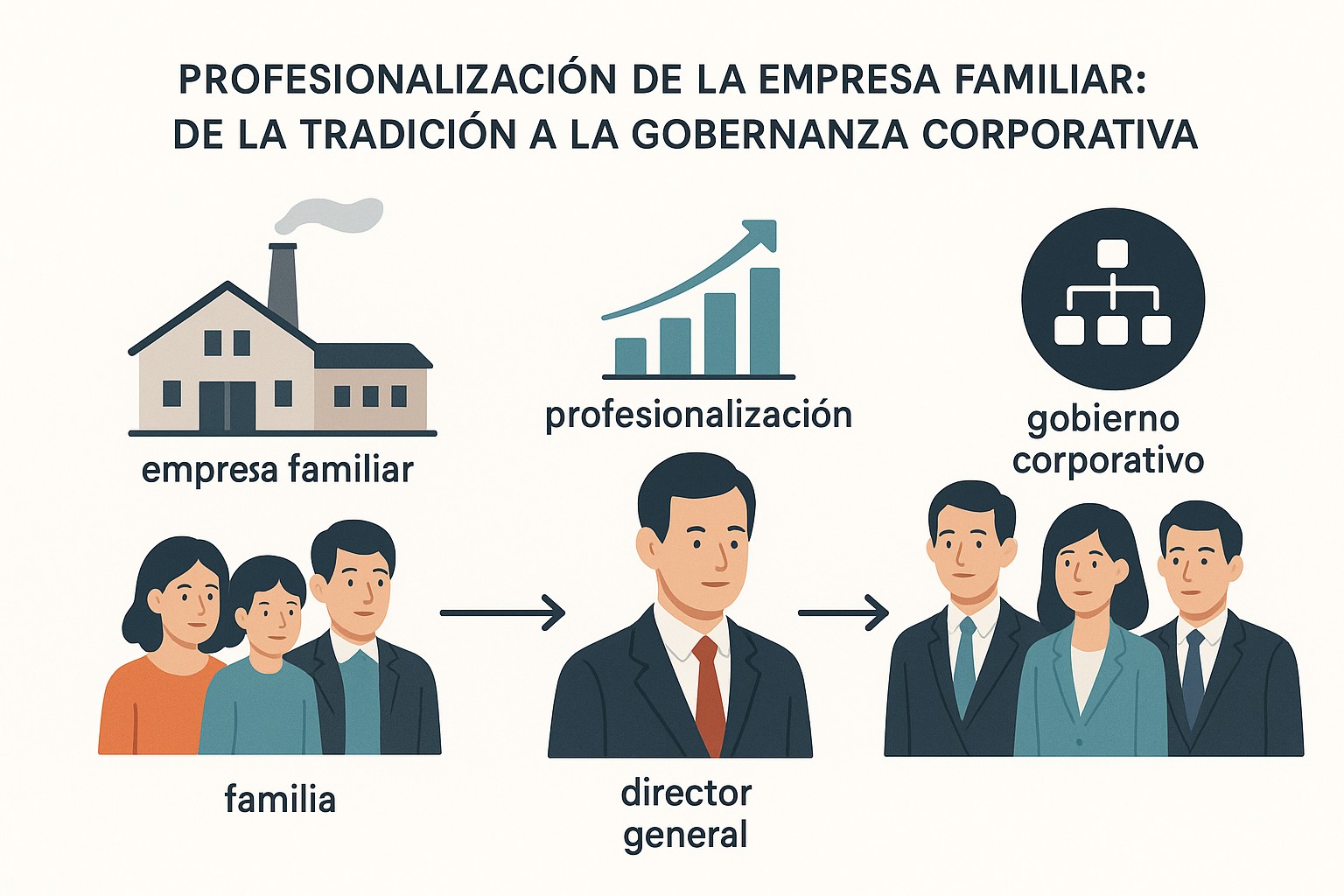 Equipo diverso de empleados, incluyendo talento externo, colaborando en una empresa familiar profesionalizada.