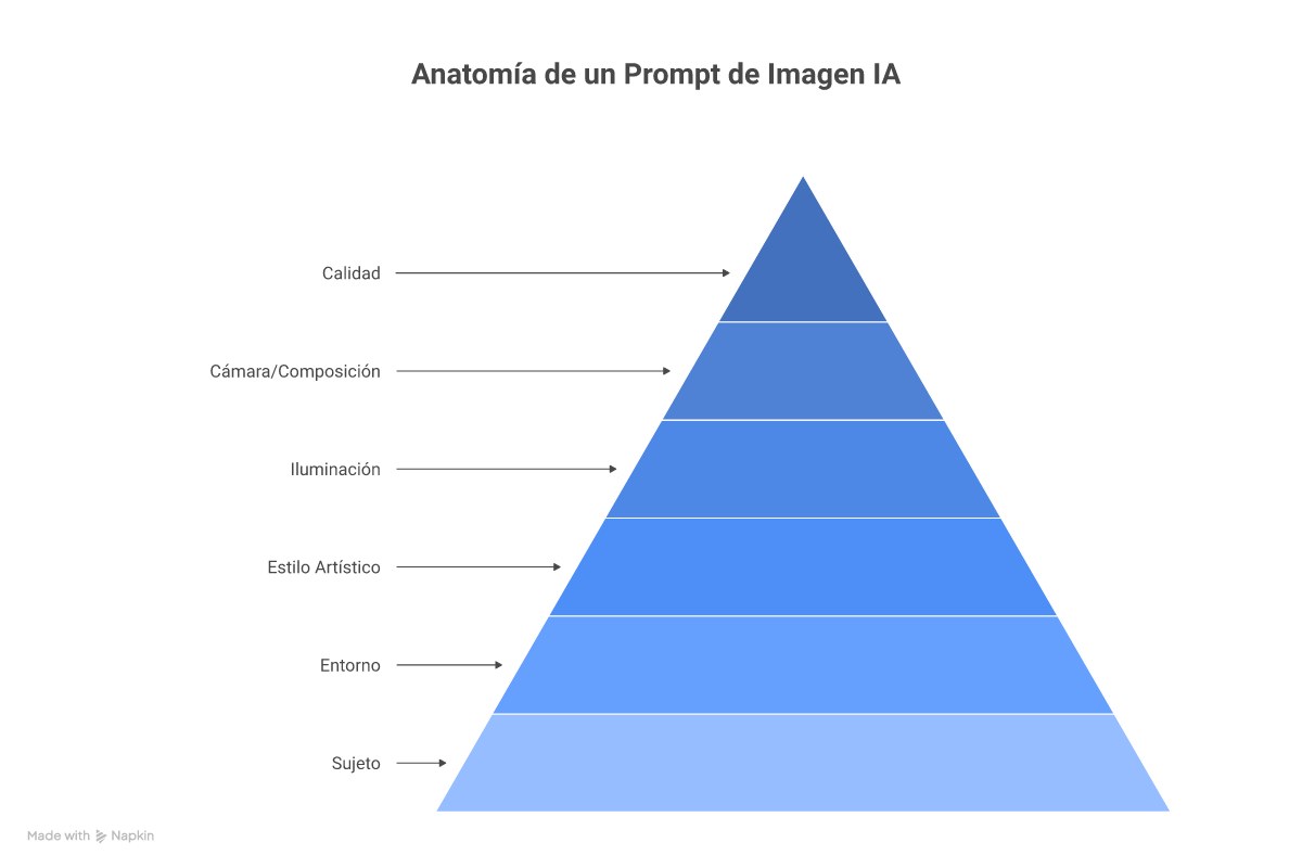 Infografía con la anatomía completa de un prompt de imagen IA: sujeto, entorno, estilo artístico, iluminación, cámara y calidad. Con ejemplos en español y modificadores por categoría