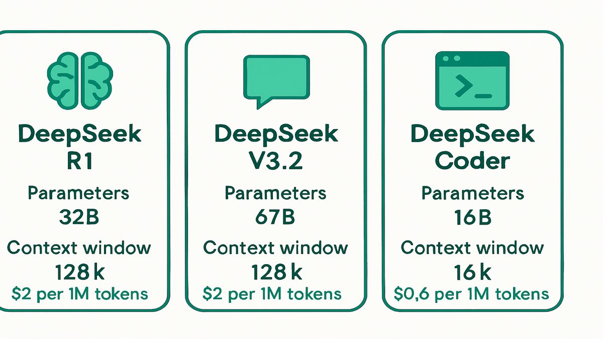 Infograf&iacute;a comparativa de los modelos DeepSeek: R1 (razonamiento), V3.2 (chat) y Coder V2 (c&oacute;digo)