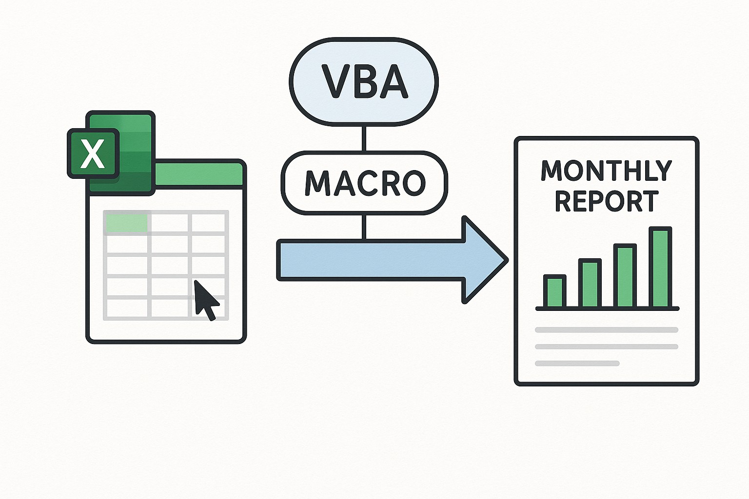 Captura de pantalla del Editor de Visual Basic mostrando un módulo con una macro VBA básica, destacando las secciones Sub, End Sub y comentarios.
