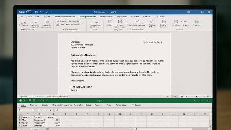 Proceso de combinación de correspondencia en Word mostrando carta con campos combinados de una lista Excel con nombres y direcciones de clientes